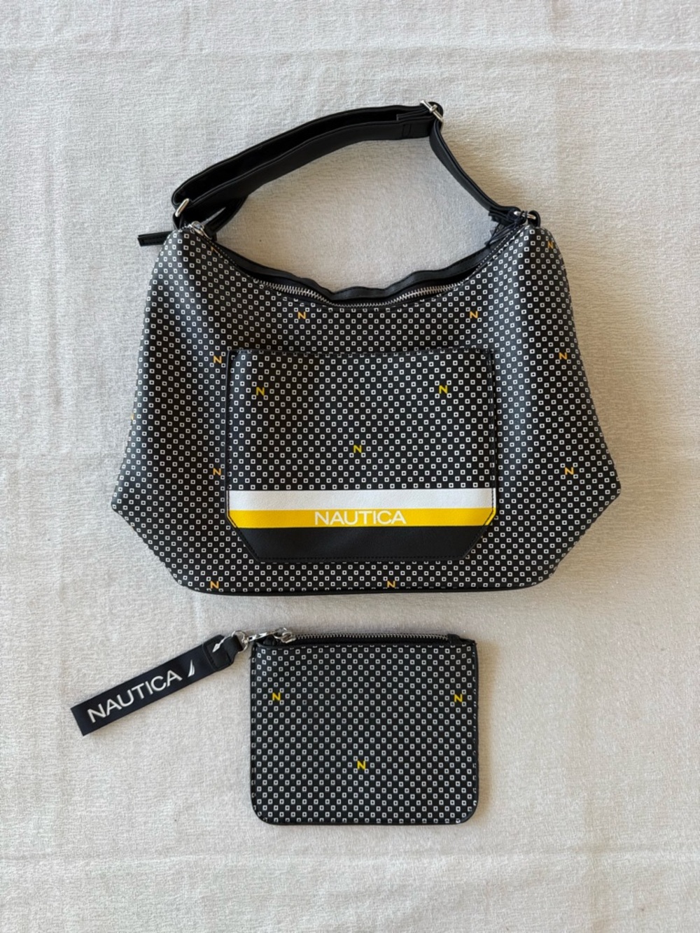 Nautica Shoulder Bag w/ Matching Wristlet Black Pattern Zip Top NEW Purse Yellow
